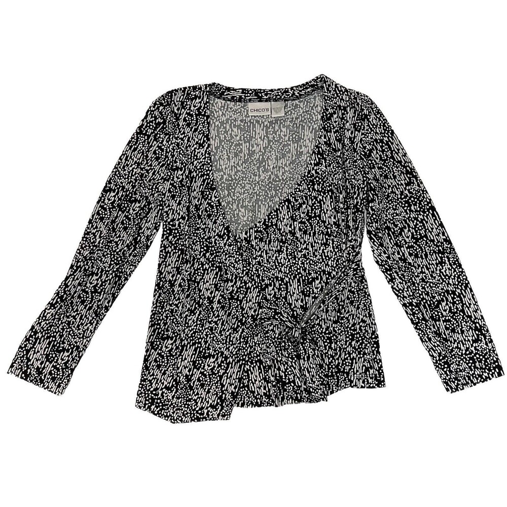 Chico's Women's V Neck Long Sleeve Blouse Black White Abstract Print Size 0